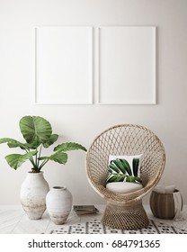 mock up poster frame in tropical interior background, modern Caribbean style, 3D illustration