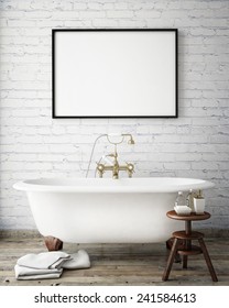 mock up poster frame in vintage hipster bathroom, interior background, 3D render