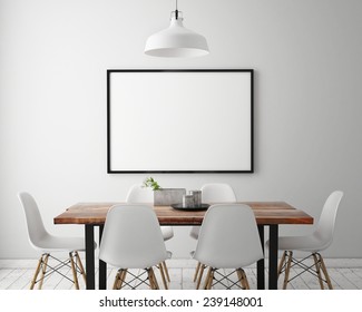 Mock Up Poster Frame In White Scandinavian Dining Room, Interior Background, 3D Render