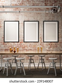 Mock Up Poster Frames On The Wall Of Retro Hipster Cafe Restaurant, Interior Background, 3D Render