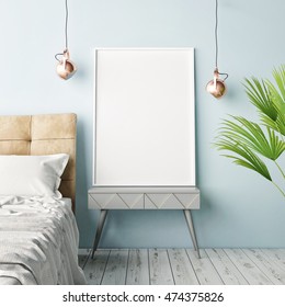 Mock Up Poster, Hipster Bedroom, 3d Illustration