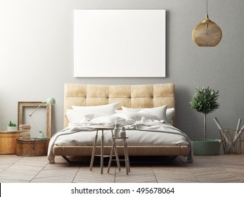 Mock Up Poster, Hipster Bedroom, 3d Illustration