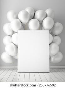 mock up poster in interior background with white balloons, 3D render