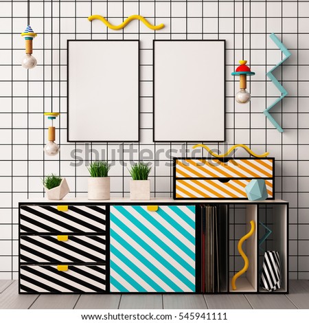 Mock up poster in the interior in the style of Memphis. 3d illustration. 3d render
