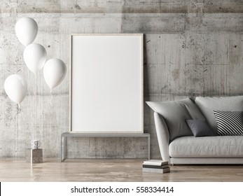 Mock Up Poster, Living Room With Balloons, 3d Illustration