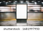 Mock up Poster media template Ads display in NYC Train Subway Station with moving Train on background. Realistic 3d render illustration