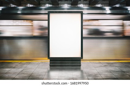 Mock up Poster media template Ads display in NYC Train Subway Station with moving Train on background. Realistic 3d render illustration