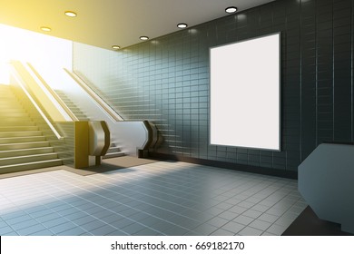 Mock Up Poster Media Template Ads Display In Subway Station Escalator. 3d Rendering