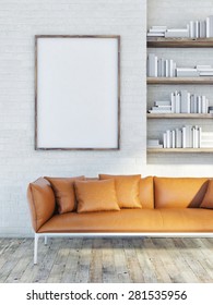 Mock Up Poster On Brick Wall, Leather Sofa, 3d Illustration