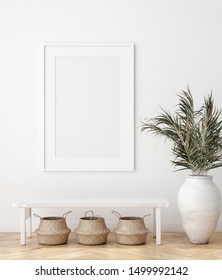 Mock up poster in Scandinavian interior with bench, baskets and palm branches in pots, 3d render