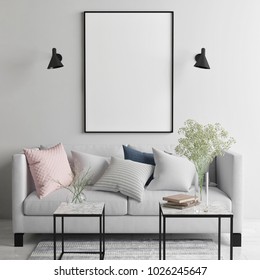 Mock Up Poster In Scandinavian Living Room, Your Art Work Here, 3d Render, 3d Illustration