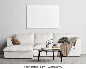 Mock up poster, Scandinavian Living room design, 3d render, 3d illustration