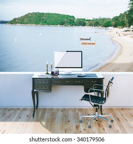 Mock Up Poster Of Travel Blogger Work Desktop With Beach View, 3D Render