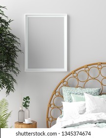 Mock Up Poster In Tropical Bedroom Interior, 3d Render