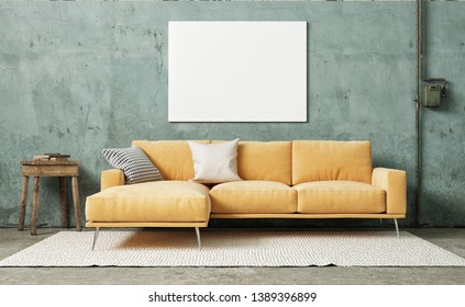 Mock Up Poster In Vintage Living Room, 3d Render, 3d Illustration 