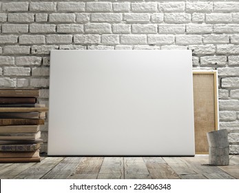 Mock Up Poster In White Brick Wall, Wooden Floor And Wintge Background. Horizontal Concept