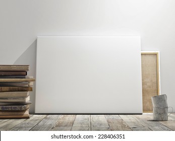 Mock Up Poster In White Wall, Wooden Floor And Wintge Background. Horizontal Concept