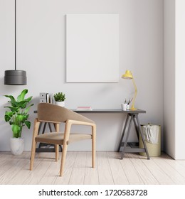 Mock up poster in working,Minimalist workplace design.3d rendering
