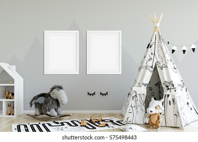 mock up posters in children room interior. Interior in scandinavian style. 3d rendering, 3d illustration