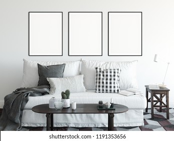 mock up posters in living room interior. Interior scandinavian style. 3d rendering, 3d illustration	