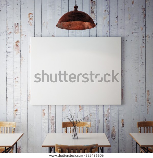 レトロなヒップスターカフェレストランの内部背景にポスターをモックアップ 3dレンダリング のイラスト素材