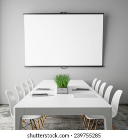 Mock Up Projection Screen In Meeting Room With Conference Table, Hipster Interior Background, 3D Render