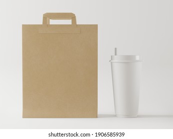 A Mock Up Of Realistic White Blank Paper Cups With Plastic Lid. Coffee To Go, Take Out Mug With A Mock Up Blank Paper Bag 3D Render, 3D Illustration