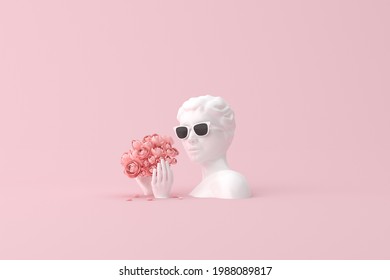 Mock up of rose flower and human sculpture on pink background, Love concept, Valentine. 3d rendering.