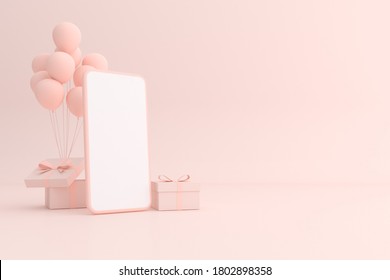 Mock Up Scene Of A Phone With Gift And Balloons, 3d Render.