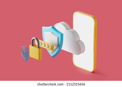 Mock Up Screen Of Smart Phone, Fingerprint, Yellow Padlock, Authentication, Protection Shield And Access To Data Storage In Cloud. Red Background. Safety Cyber Security, Data Protection. 3D Rendering