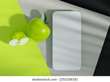 mock up smart phone screen and green apple and green backdrop, 3d illustration rendering