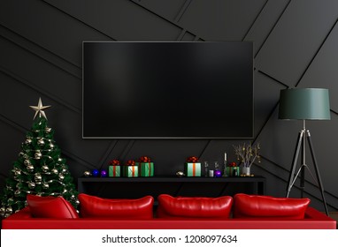 Mock Up Smart Tv. Christmas Interior Living Room. 3d Render