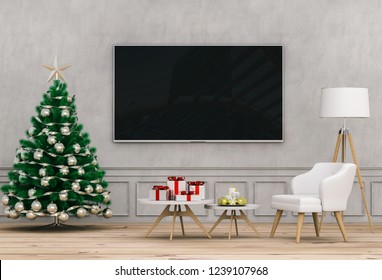 Mock Up Smart Tv. Christmas Interior Living Room. 3d Render