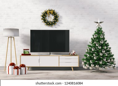 Mock Up Smart Tv. Christmas Interior Living Room. 3d Render