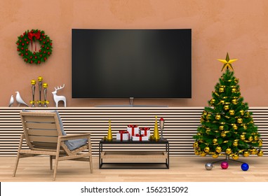 Mock Up Smart Tv. Christmas Interior Living Room. 3d Render