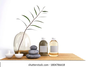 Mock Up Of Spa Products With Empty Label For Brand And Logo, Spa Salt And Aroma Therapy Oil Bottle With Zen Massage Rocks, Concept For Skincare Treatment Wellness ,Boutique Spa Retreat, 3D Rendering