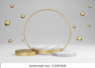 Mock Up Studio With Marble Cylindrical Shapes, Podium, Platforms For Product Presentation, With Gold Object Decoration On Gray Background. 3d Rendering 