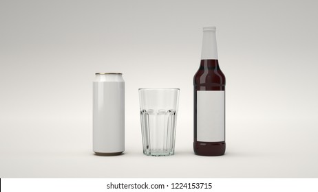 Mock Up Of Tall Brown Beer Bottle 0.5l With Blank White Lable, White Aluminum Can And An Empty Glass On White Background. Design Or Branding Template. 3D Rendering Illustration