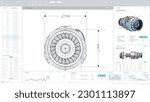 Mock Up Template of Light Interface of Professional CAD Computer Software With Blue Print and 3D Model of Electric Powered Green Energy Jet Engine. Sketch Of Turbine With Measurements. 3D Render