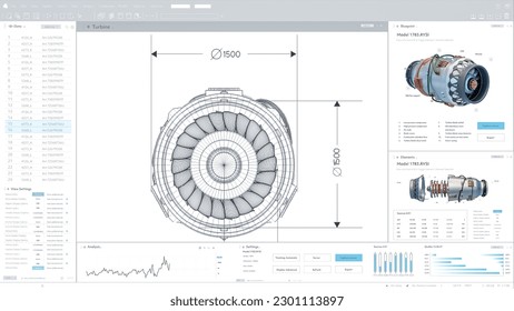 Mock Up Template of Light Interface of Professional CAD Computer Software With Blue Print and 3D Model of Electric Powered Green Energy Jet Engine. Sketch Of Turbine With Measurements. 3D Render
