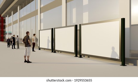 Mock Up Three Blank Advertisement Billboard Arrange On Walk Street Near Glass Wall Of Building, People Stand And Read Announcement On Board, 3D Rendering, Empty Space To Insert Advertising Promotion 