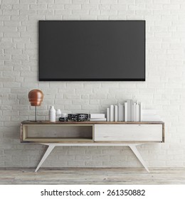 Mock Up Tv On White Brick Wall, 3d Illustration