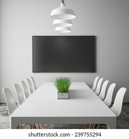 Mock Up Tv Screen In Meeting Room With Conference Table, Hipster Interior Background, 3D Render