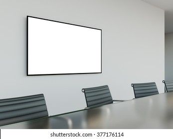 Mock Up Tv Screen In Meeting Room With Conference Table. 3d Rendering