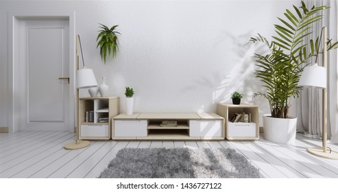 Mock Up Tv Shelf Cabinet In Modern Empty Room And White Wall Japanese Style. 3d Rendering