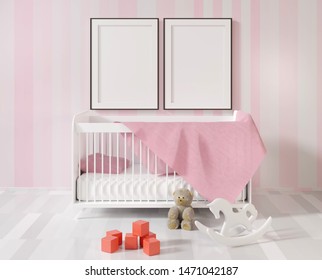 Mock Up With Two Empty Frames Above The Crib. Children's Room Interior With Toys On A Floor. Template For Parent's Photo. 3D Rendering.