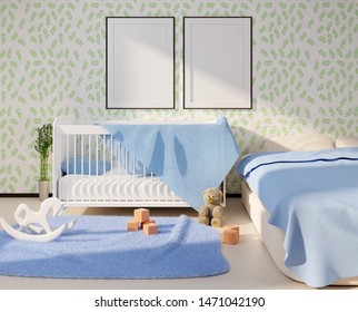 Mock Up With Two Empty Frames Above The Crib. Children's Room Interior With Toys On A Floor. Template For Parent's Photo. 3D Rendering.