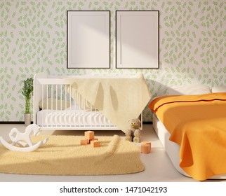 Mock Up With Two Empty Frames Above The Crib. Children's Room Interior With Toys On A Floor. Template For Parent's Photo. 3D Rendering.