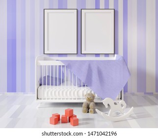 Mock Up With Two Empty Frames Above The Crib. Children's Room Interior With Toys On A Floor. Template For Parent's Photo. 3D Rendering.