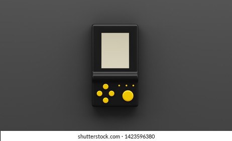 Mock Up. Retro Electronic Game On A Gray Background. Vintage Style Pocket Game. Interactive Playing Device. 3d Illustration